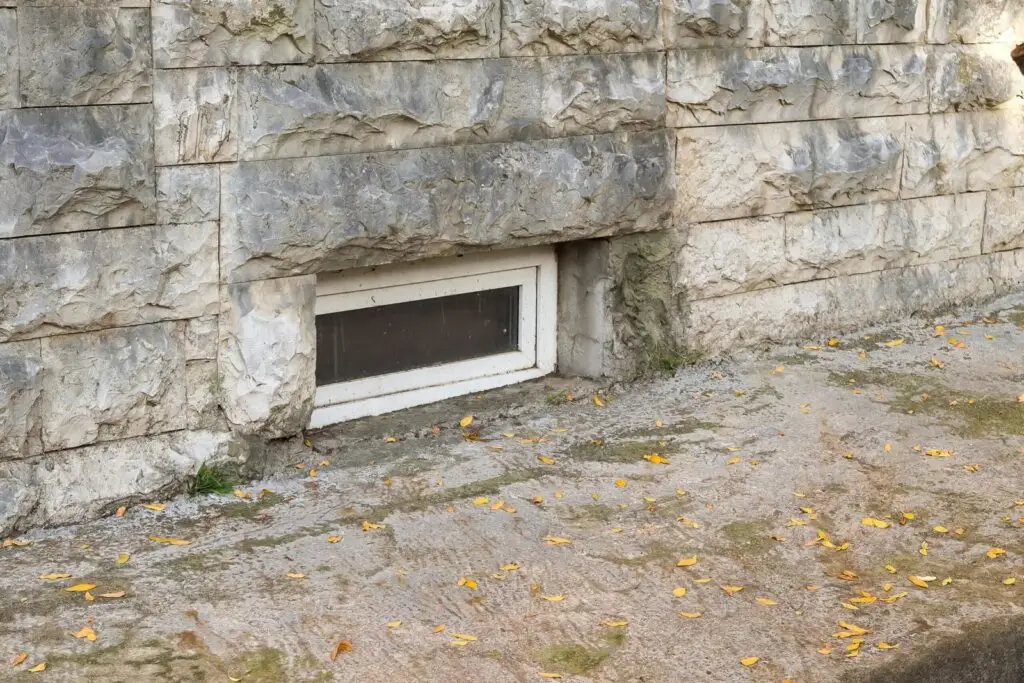 Stone stone wall with a small rectangular basement window, ground scattered with yellow leaves.